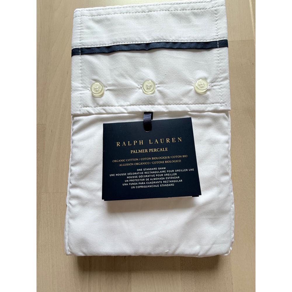 Ralph Lauren Palmer‎ Percale Standard Sham Organic Cotton White Polo Navy 464 TC
